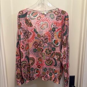 Boden Abstract Floral V-Neck Women's Top - Pink and Green